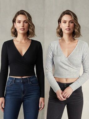 Old Navy Ribbed Wrap Crop Top - Black & Light Gray